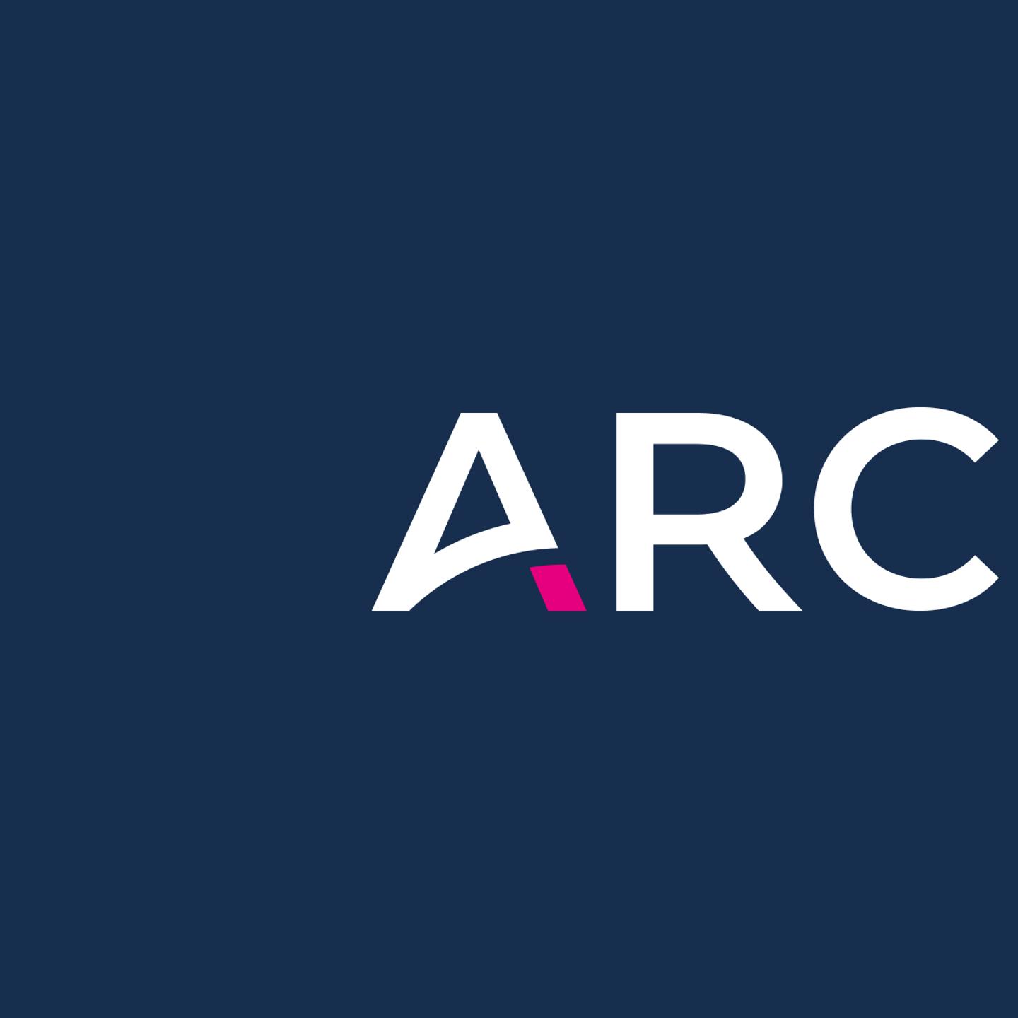White ARC brand logo on blue background